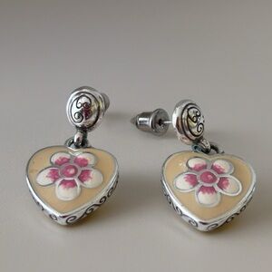 Brighton Silver Heart Drop Earrings with Pink Flower on Cream Enamel